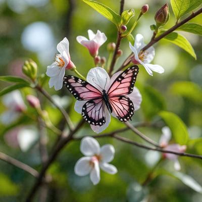 The primary subject of the image is a butterfly perched on a branch of a tree. The setting is an outdoor environment with a tree and a branch. The visual style is a photo of the butterfly in its natural habitat. The colors and mood of the image are predominantly green, as the butterfly is surrounded by the tree and branch.